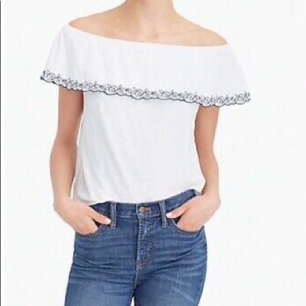 J.Crew Off the Shoulder Ruffle Top Ivory and Navy